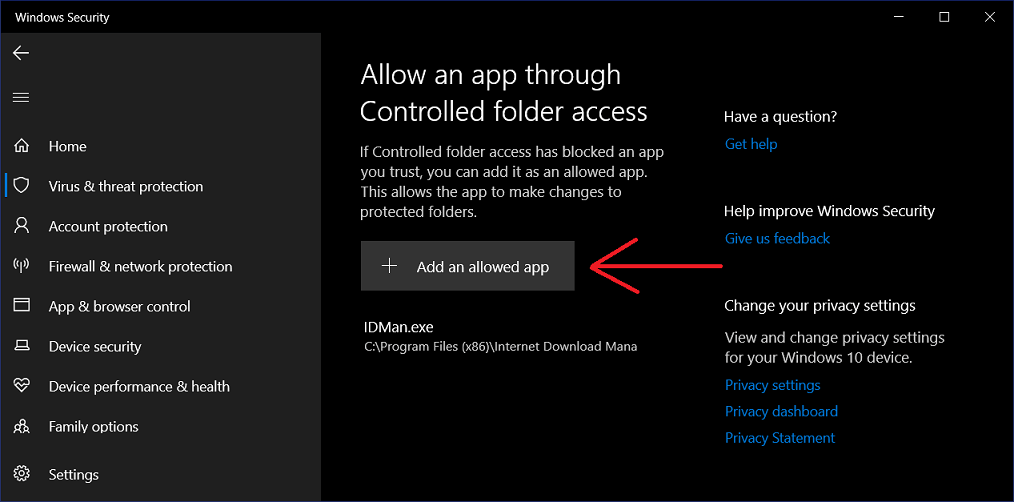 Add an allowed application for controlled folders