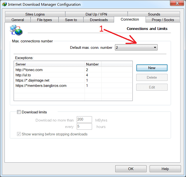 Set number of simultaneous connections for dial-up connection type